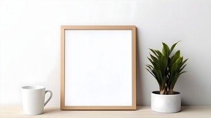 Blank Frame Mockup Wooden Frame White Mug Plant Minimalist Home Decor