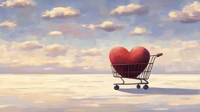 Naklejki Giant red heart lovingly sits in shopping cart rolling across serene landscape under soft sunlight. AI Generated