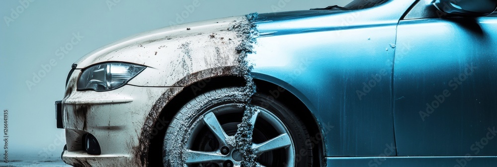 Poster comparison of a scratched and dirty car alongside a shiny polished vehicle highlighting maintenance 