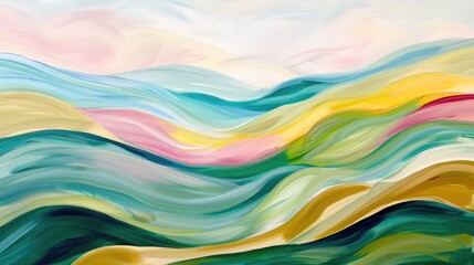 Fototapeta premium abstract painting of a colorful valley, flowing lines, soft pastel colors, green blue pink yellow white teal