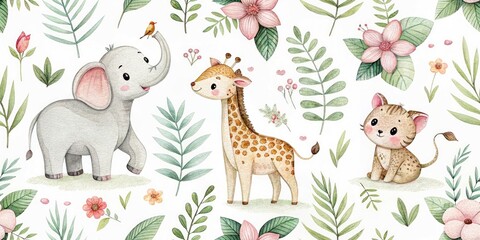 Charming Animal Watercolor Nursery Wallpaper, Cute Baby Animals, Watercolor Prints, Adorable Woodland Creatures, Kids Room Decor