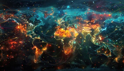 Cyberspace maping with futuristic international telecommunication network, concept about global data transfer, background with colourful abstract dynamic gradient line flows connecting cityspace aroun