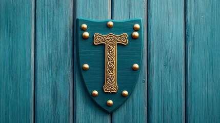 Decorative Shield with Letter T and Celtic Design on Blue Background