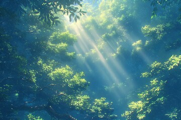 Sunbeams through a forest canopy, light filtered for an illustration or background