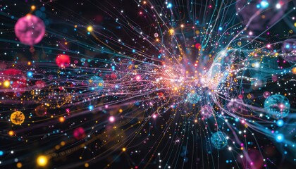 Obraz premium Cyberspace maping with futuristic international telecommunication network, concept about global data transfer, background with colourful abstract dynamic gradient line flows connecting cityspace aroun