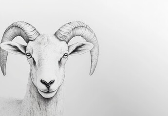Detailed Black and White Illustration of a Ram with Curved Horns