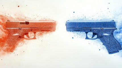 Clashing Handguns Red Blue Dust Abstract Art. AI Generated