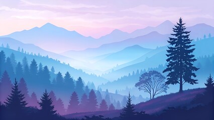 &ldquo;Misty Mountain Landscape Illustration with Layers of Trees and Soft Gradients&rdquo;