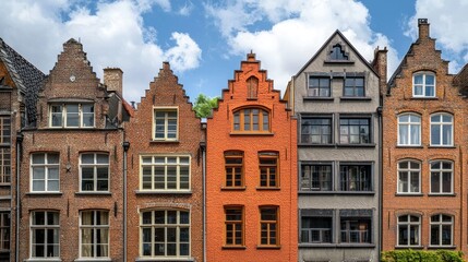 Colorful European townhouses under a partly cloudy sky