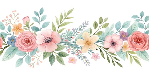 Elegant Watercolor Floral Border with Pastel Flowers and Greenery