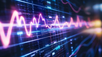 Dynamic data stream visualization, futuristic technology, market analysis, glowing lines, background blur, for tech presentations