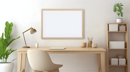 Minimalist Home Office Workspace with Wooden Desk Blank Frame and Neutral Decor