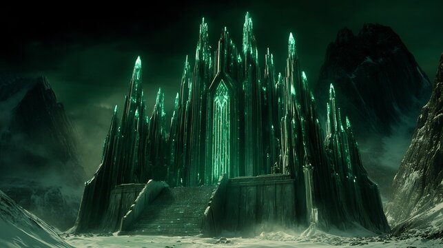 Eerie green light illuminates imposing crystal castle dramatically perched atop snowy mountain. AI Generated