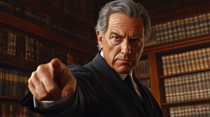 Mature Man Accusing With a Pointed Finger in Library