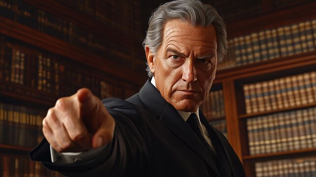 Mature Man Accusing With a Pointed Finger in Library