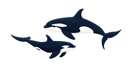 Obraz premium Two stylized orcas swimming gracefully in a serene ocean environment, showcasing marine life