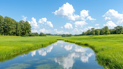 Serene summer meadow stream reflection, idyllic landscape