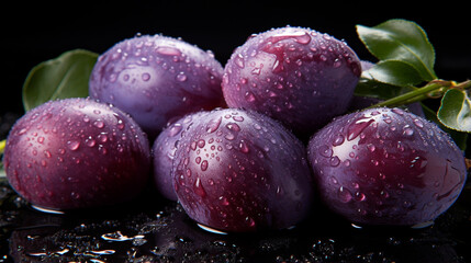 A close-up of fresh, purple plums with water droplets on their surface, accompanied by green leaves, against a dark background.

