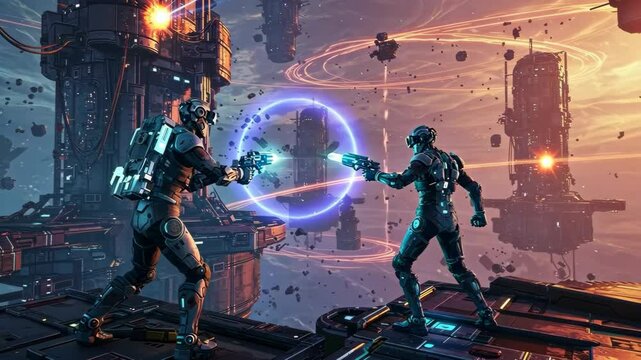 Futuristic Soldiers With Laser Guns In Space Battle
