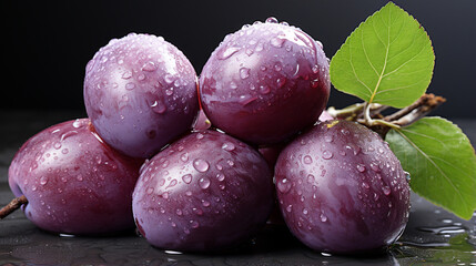 A close-up of fresh, purple plums with water droplets on their surface, accompanied by green leaves, against a dark background.
