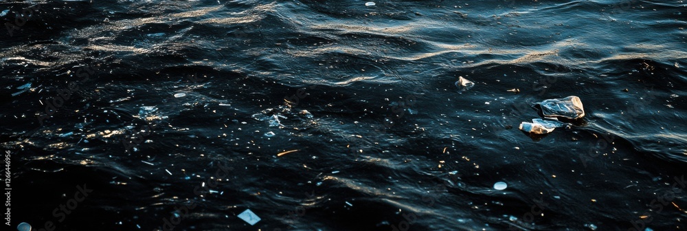Poster floating plastic waste covers ocean surface with bottles and bags creating an environmental concern.