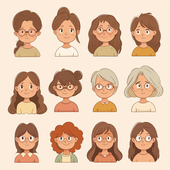 Illustration featuring twelve diverse characters with various hairstyles and hair colors, showcasing different styles and expressions. Colorful, modern design suitable for youth-oriented projects.
