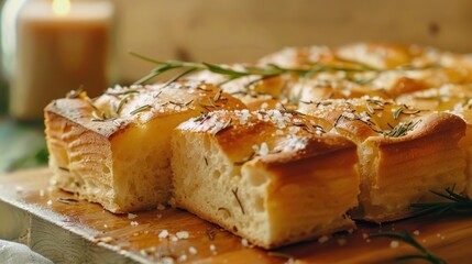 Freshly baked focaccia bread infused with rosemary and sea salt, golden crispy crust with a fluffy interior, rustic wooden background
