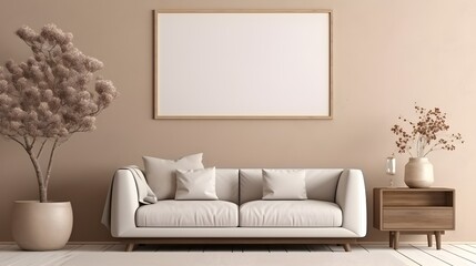 Modern Minimalist Living Room Interior Design with Beige Sofa Wooden Side Table and Plants