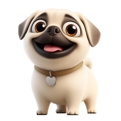 Naklejka premium A cartoon-style pug dog with large, sparkling eyes, wearing a collar. Perfect for children’s content, pet apps, and cute character designs