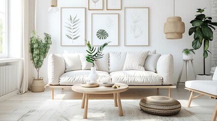 Interior of beautiful living room with comfortable sofa, tropical plants, shelf and coffee table