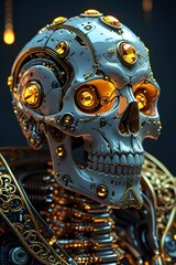 Fototapeta premium Steampunk Skull Robot with Golden Gears and Ornate Details