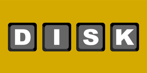 Letter combination D,I,S,K means disk. Clip art keyboard button isolated on yellow background. Keyboard digital shortcut graphic resource