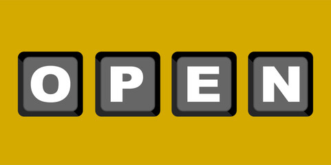 Letter combination O,P,E,N means open. Clip art keyboard button isolated on yellow background. Keyboard digital shortcut graphic resource