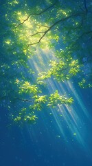 Sunlight through green leaves in a dark forest. Possible for wallpaper
