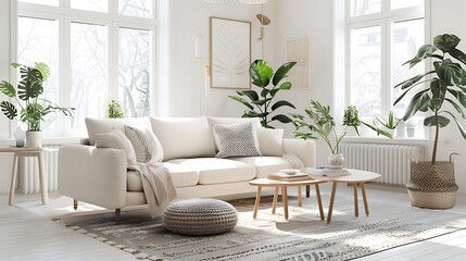 Interior of beautiful living room with comfortable sofa, tropical plants, shelf and coffee table