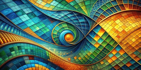Abstract Swirling Mosaic of Jewel Tones and Golden Accents Featuring a Central Vortex