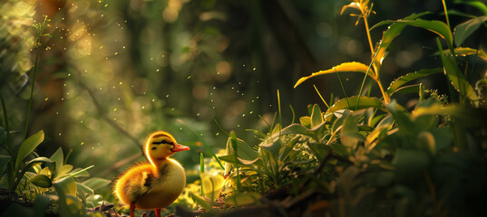  A playful yellow duckling frolicking in lush green forest grass