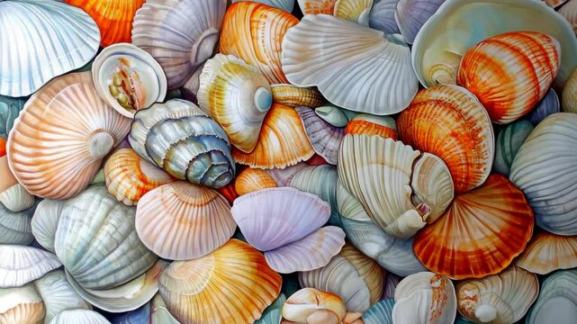 Colorful seashell collection displayed on a textured background showcasing various shapes and sizes