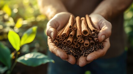 Farm produce, organic, Fresh cinnamon sticks held in hands.