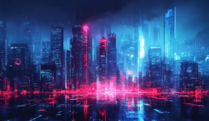 Fototapeta premium Futuristic city skyline at night with vibrant neon lights