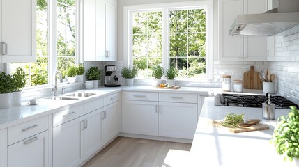 Bright kitchen with garden view, sunlight streaming in