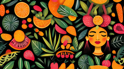 Seamless Colombia, A vibrant painting of a traditional palenquera woman showcasing cultural heritage.