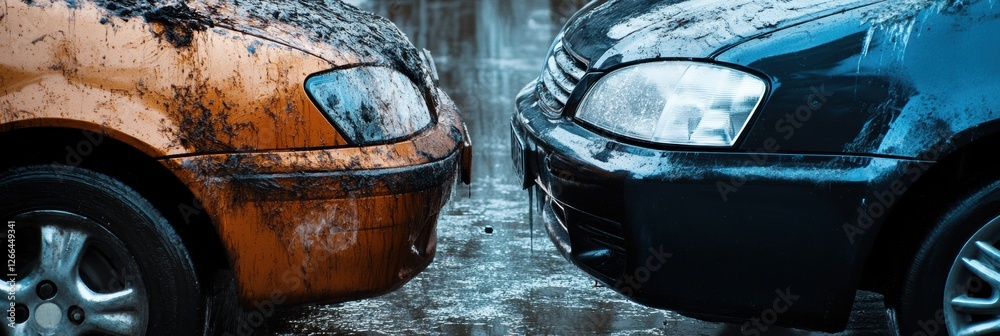 Poster comparison of a dirty scratched car and a polished shiny vehicle in a parking area during overcast w