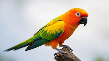 A colorful Sun Conure parrot perches on a branch. It features vibrant orange, yellow, and green plumage, with a black beak and feet.