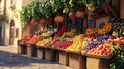 Farm produce, organic, Vibrant fruit market with colorful displays.