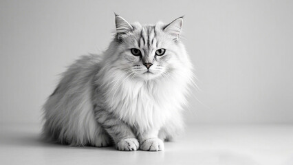 A cat image, The feline has long silver fur and green eyes. It sits alertly, looking at the camera.