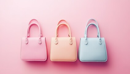 Three pastel-colored handbags on a pink background, in a flat lay arrangement.