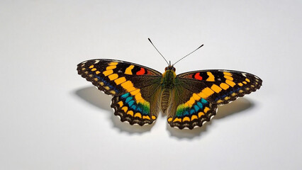 Fototapeta premium A colorful butterfly, isolated on white, The butterfly has black, brown, yellow and teal markings.