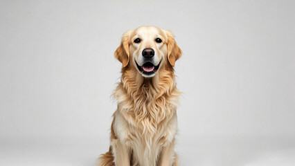 A golden retriever with a happy expression sits against a gray background.