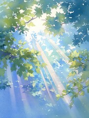 Sunlit foliage; light rays through leaves, scenic background, nature scene